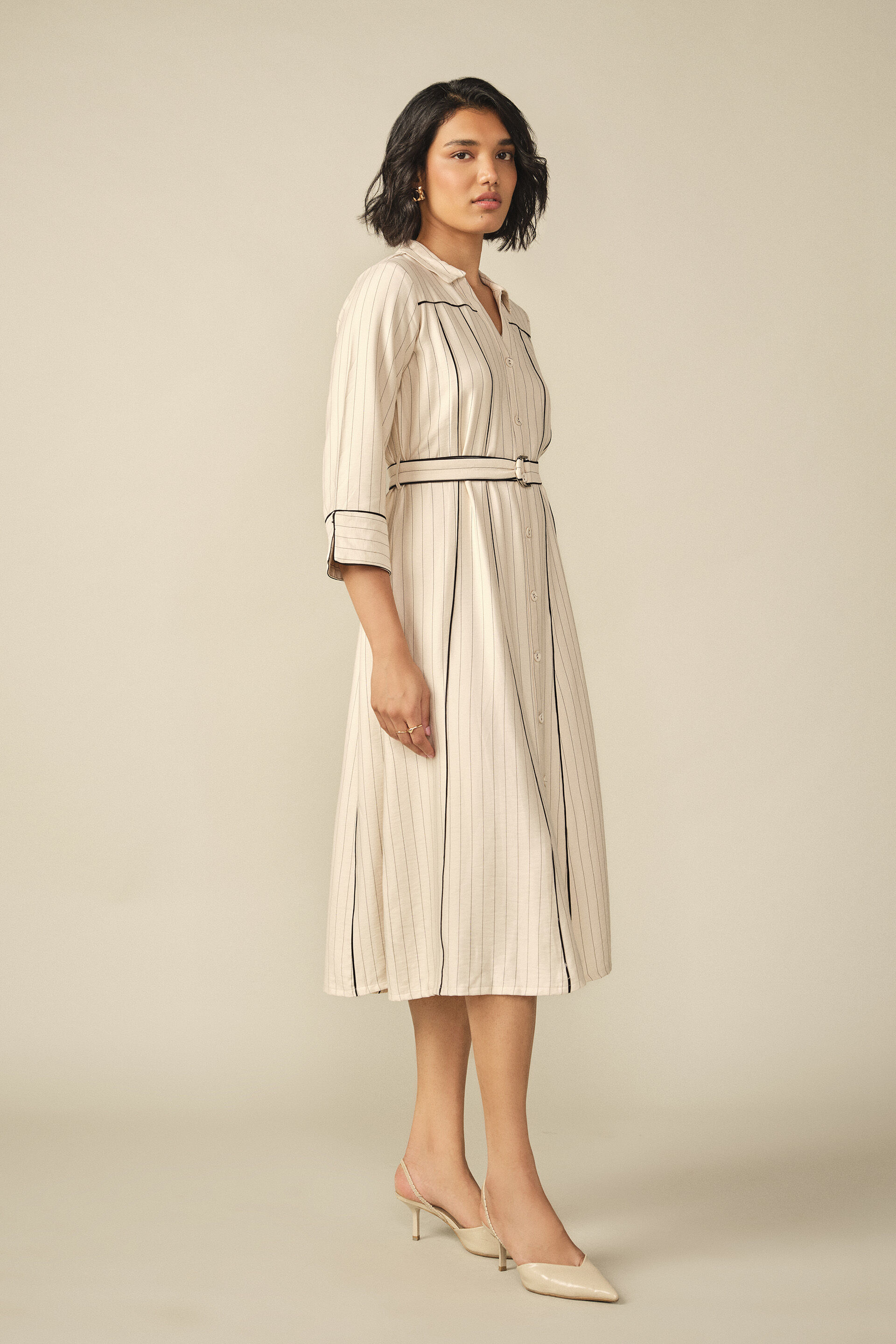 Tie-up Pinstripe Midi Dress in Cream, Cream, image 3